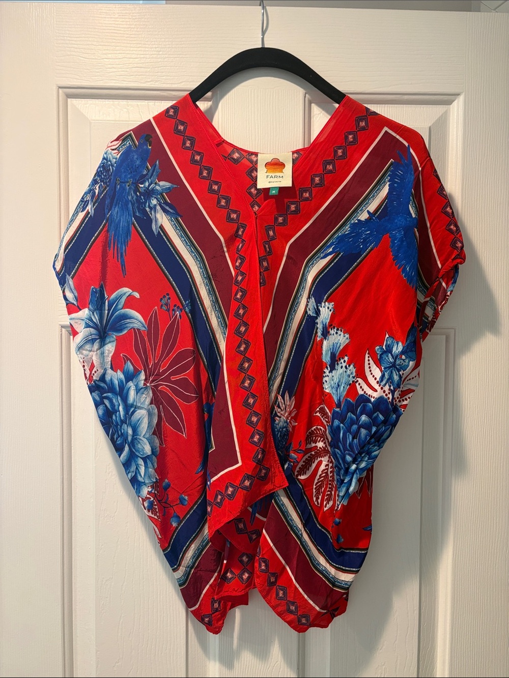 FARM Rio Red Top with Blue Floral & Parrot Print